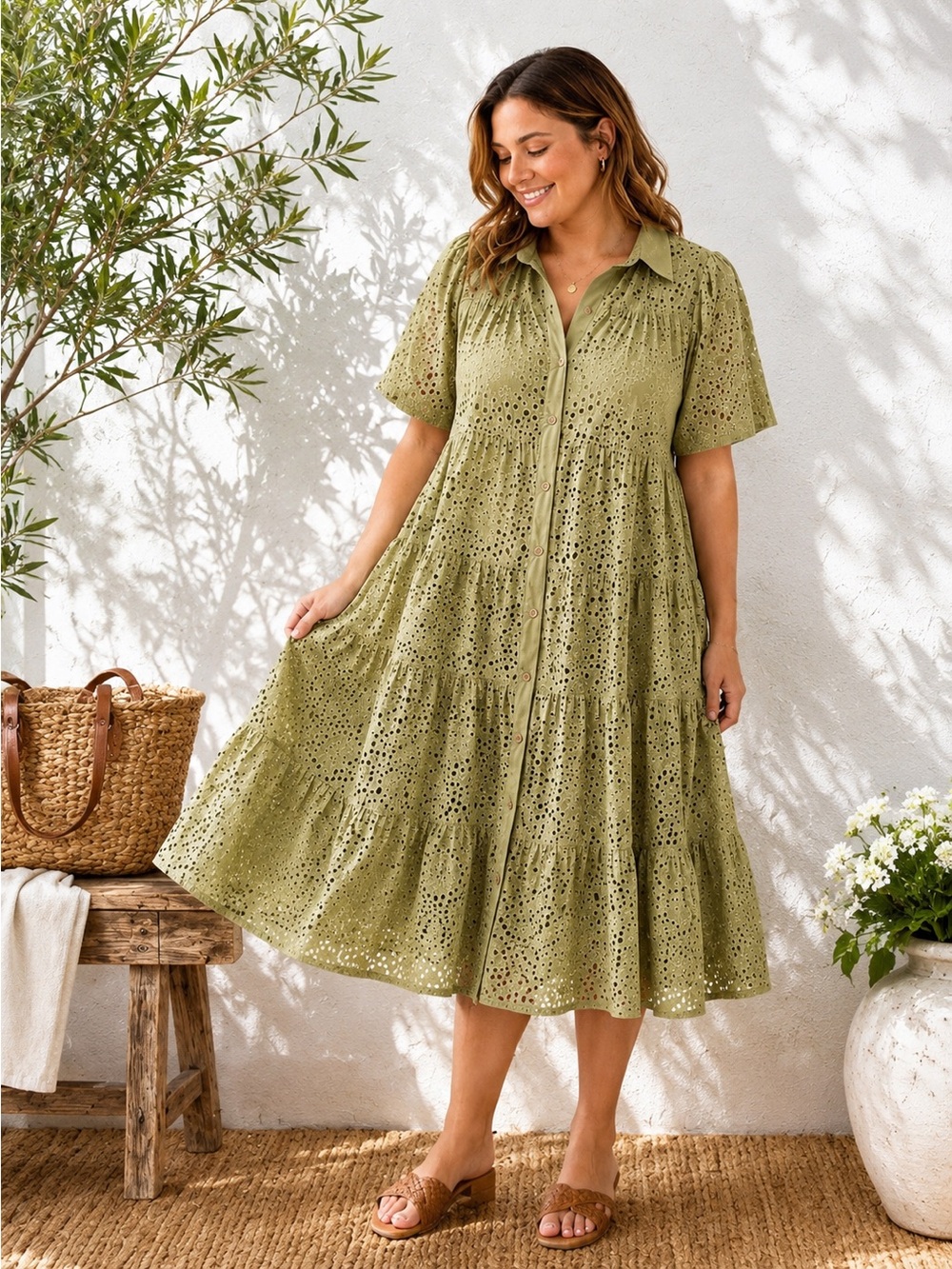 Sage Eyelet Midi Dress XXL Cottagecore Prairie Romantic Button Front